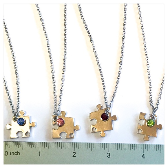 4 PUZZLE PIECE FRIEND NECKLACE w\ BIRTHSTONE - Picture 2 of 6